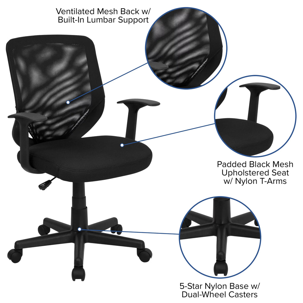 Black Mesh Swivel Task Office Chair with T-Arms R6219