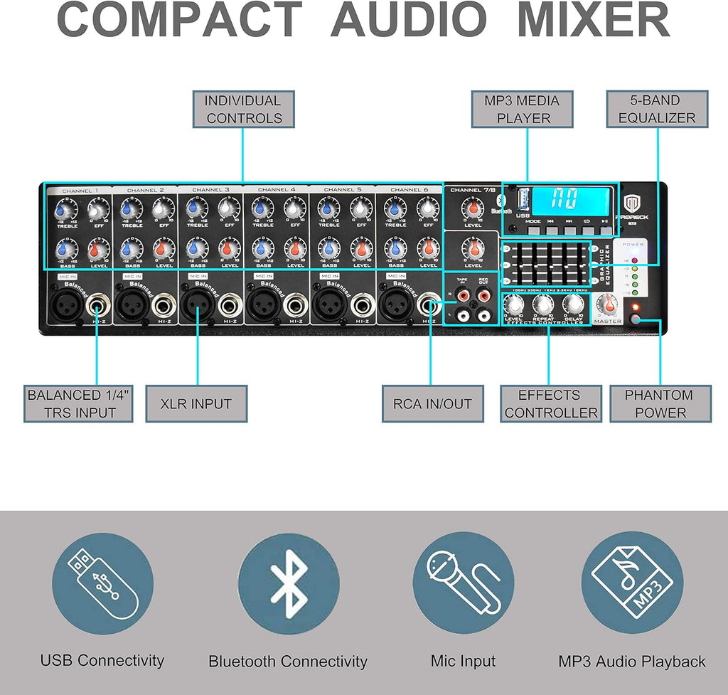 8 Channel Powered Mixer with Built In Effects & USB Audio Interface H23729