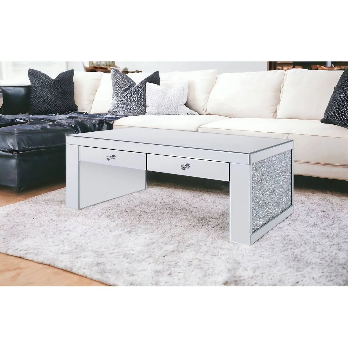 48" Silver Mirrored Coffee Table with Two Drawers X25226