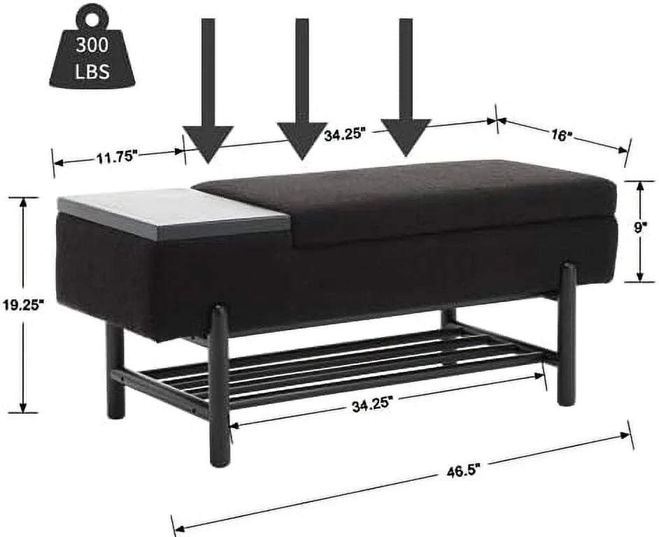 Leather Ottoman Bench with Wood Shoe 45 Inches PU Black Y7305