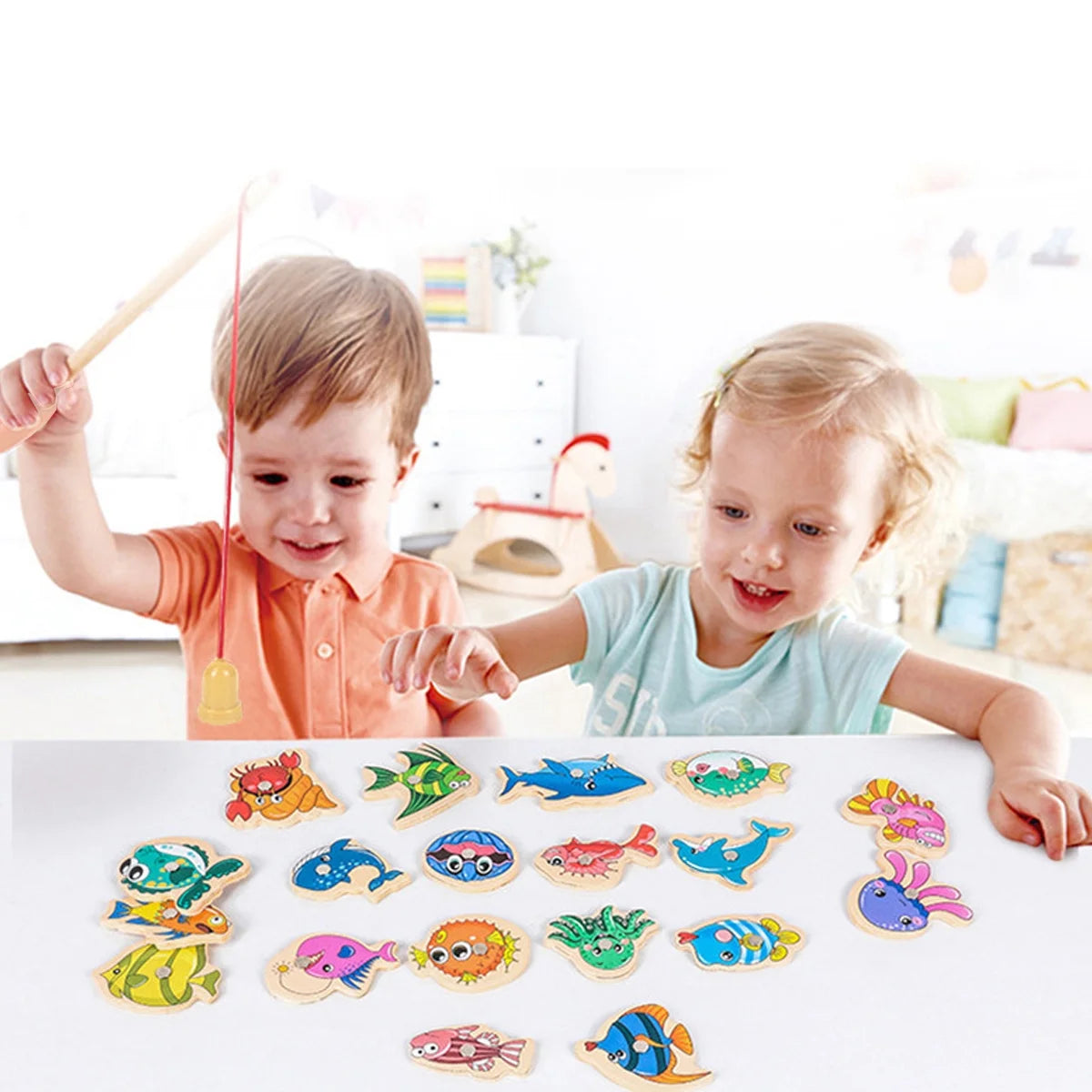 Magnetic Fishing Game Toys Set with Wooden Fish Rod I8022