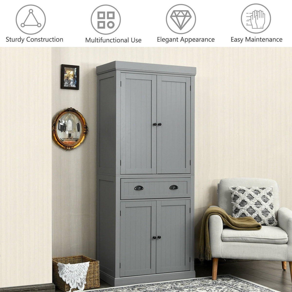 Grey Freestanding Kitchen Cabinet Pantry Cupboard with Shelves J541