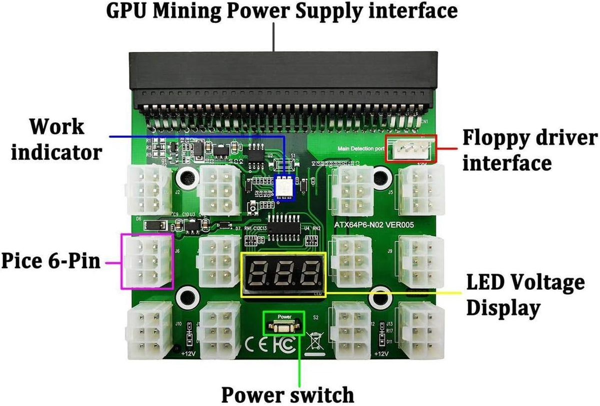 1200W/750W Server PSU Power Supply Unit with GPU Breakout Board Adapter and 12pcs 6-Pin PCIe to (6+2Pin) PCIe Cables W67084