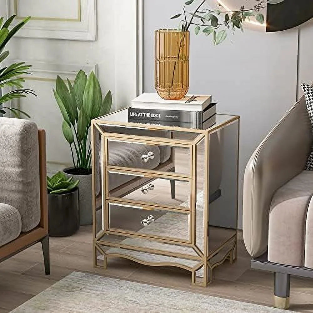 Mirrored Nightstand Bedside Table 3-Drawer Accent End Tables M6863