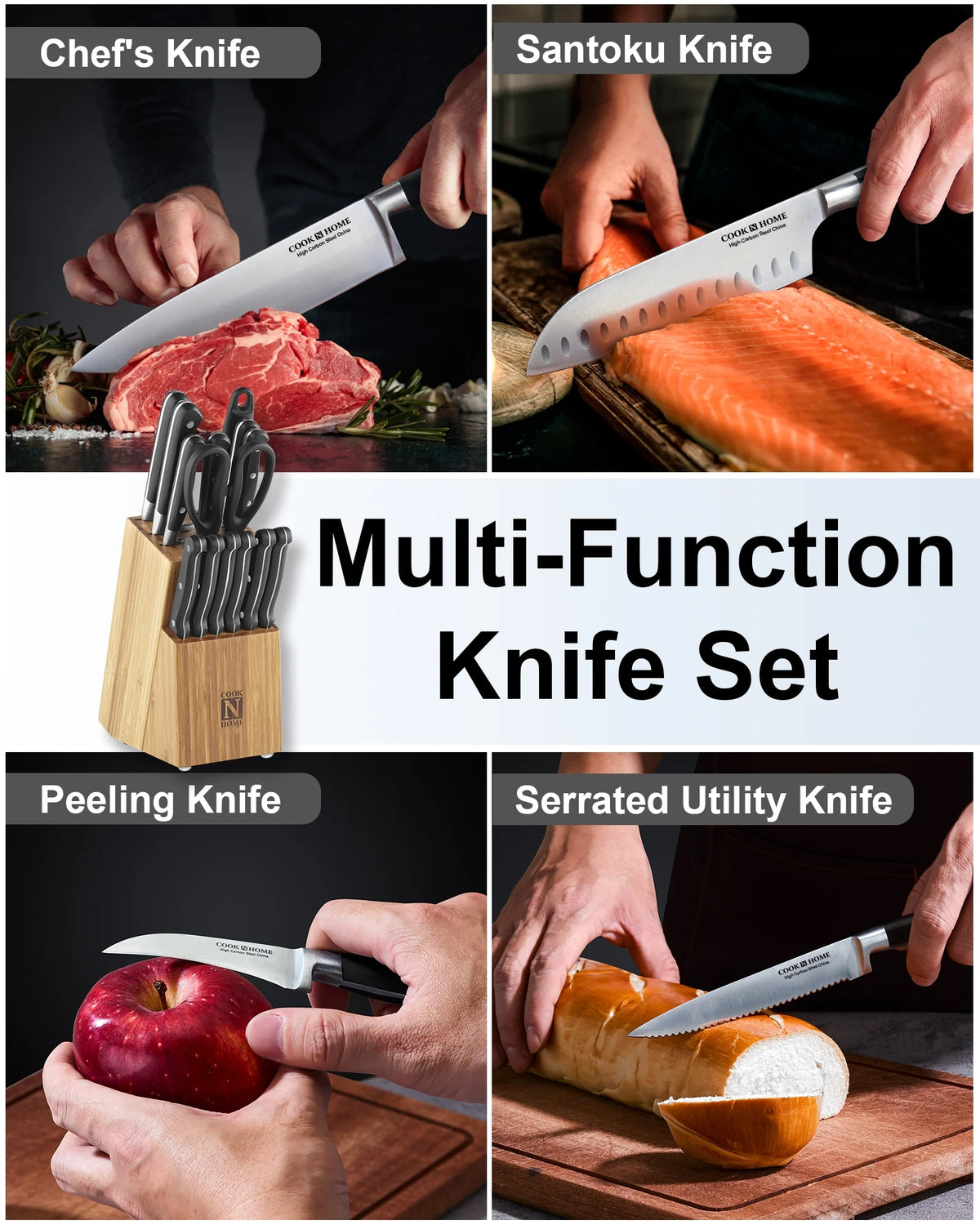 15-Piece High Carbon Stainless Steel Knife Set with Bamboo Storage Block B770