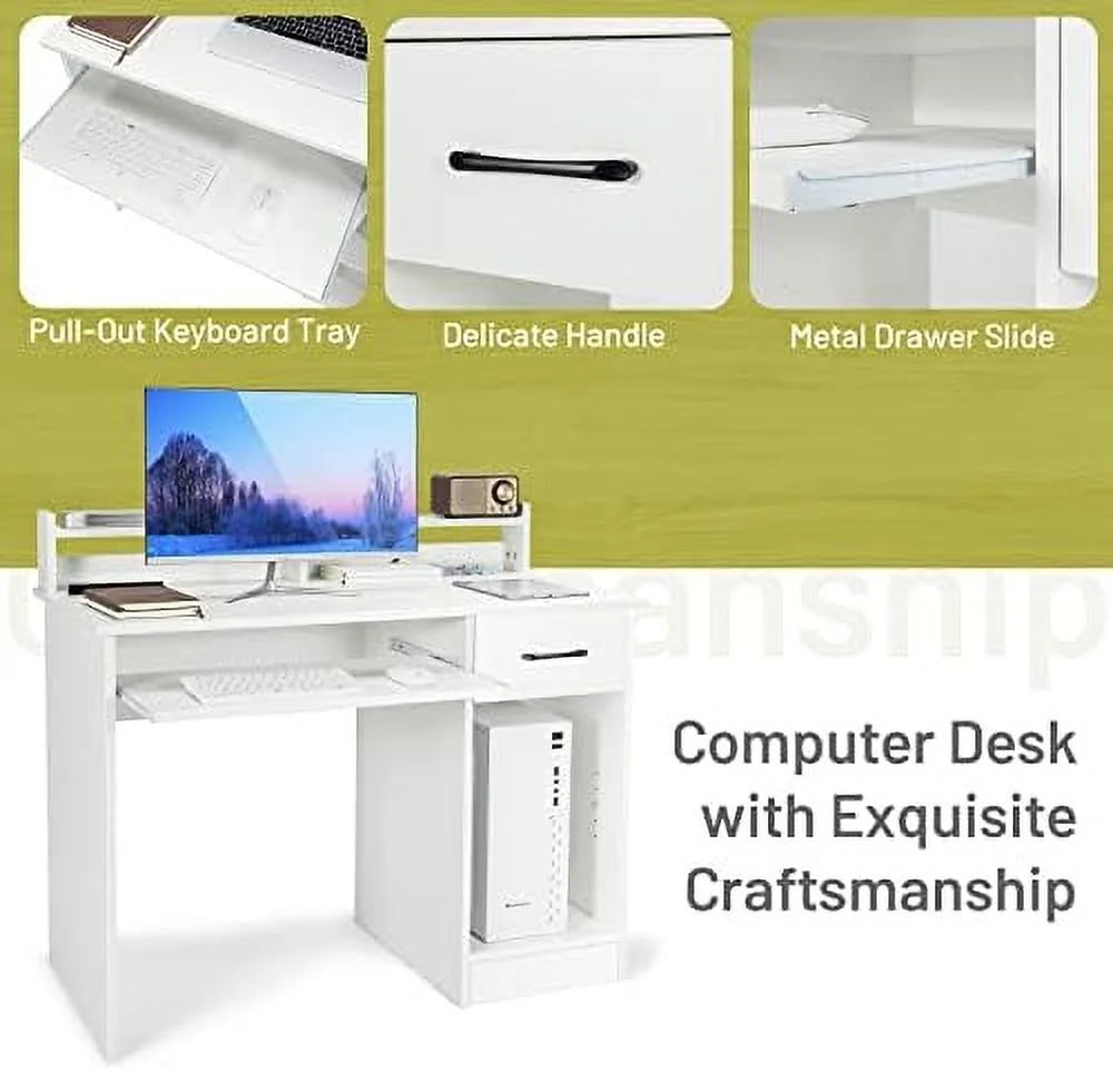 Black Wooden Computer Desk with Drawers and Keyboard Tray J494