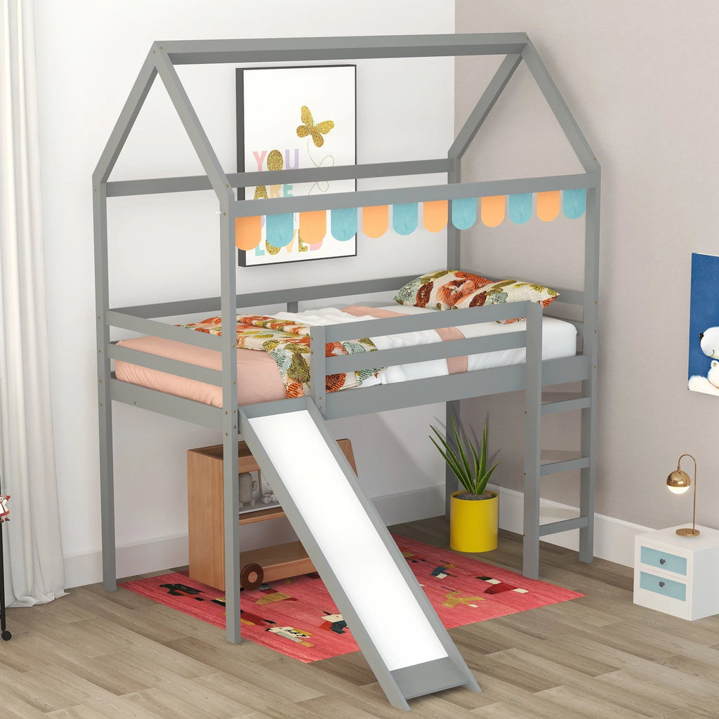 Twin Wood Loft Bed with Slide and Ladder G2655