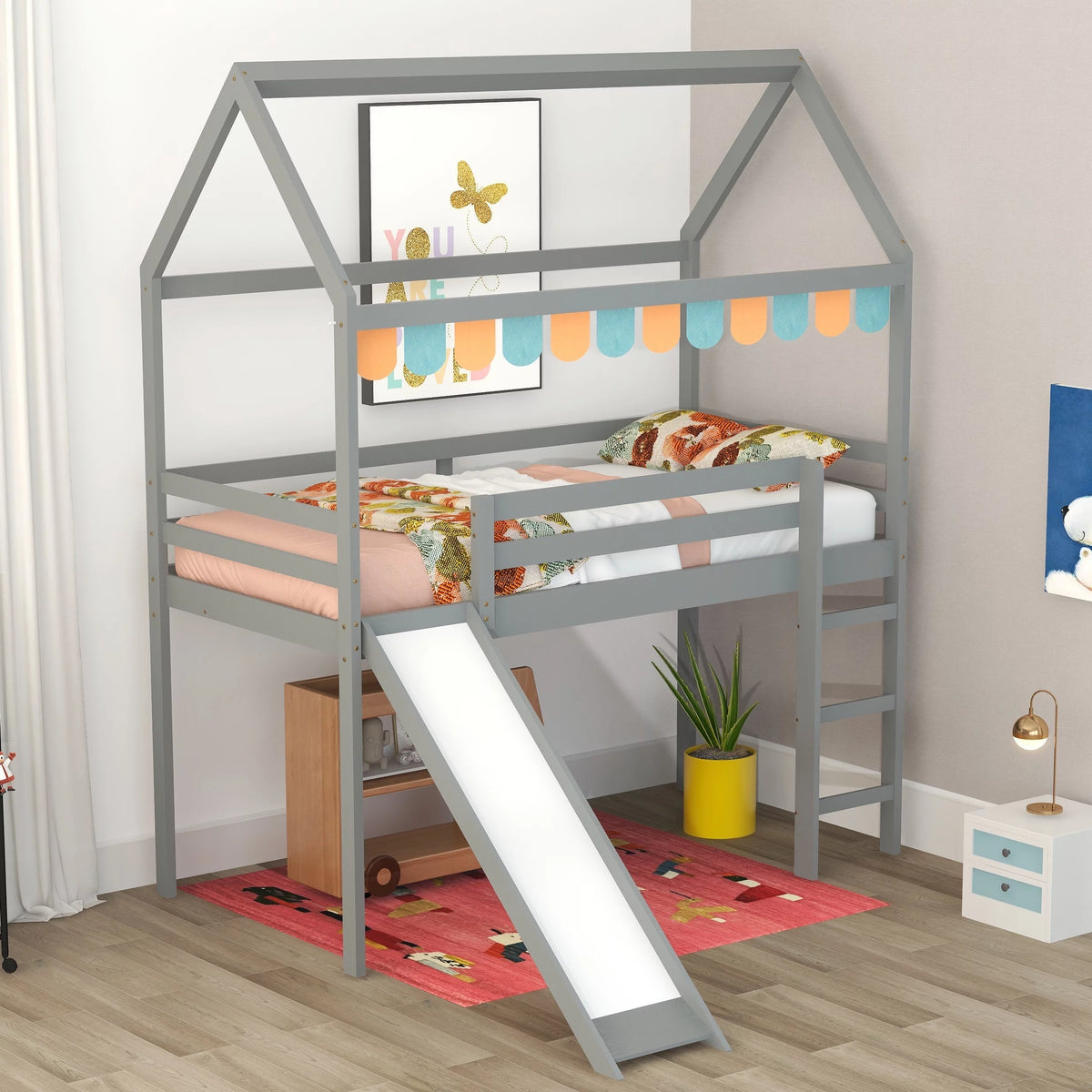 Twin Wood Loft Bed with Slide and Ladder G2655