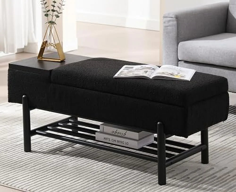 Leather Ottoman Bench with Wood Shoe 45 Inches PU Black Y7305