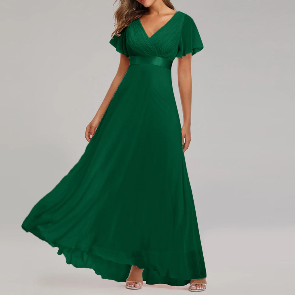 Green Crew Neck Ruffle Short Sleeve Maxi Dress P979673