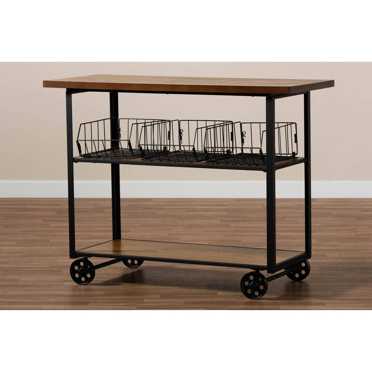 Walnut Brown Finished Wood and Black Finished Metal Console Cart J56962