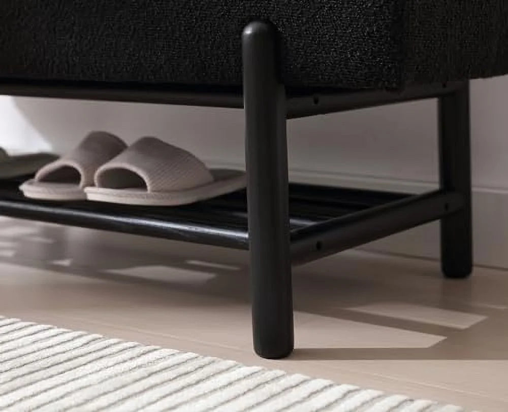 Leather Ottoman Bench with Wood Shoe 45 Inches PU Black Y7305